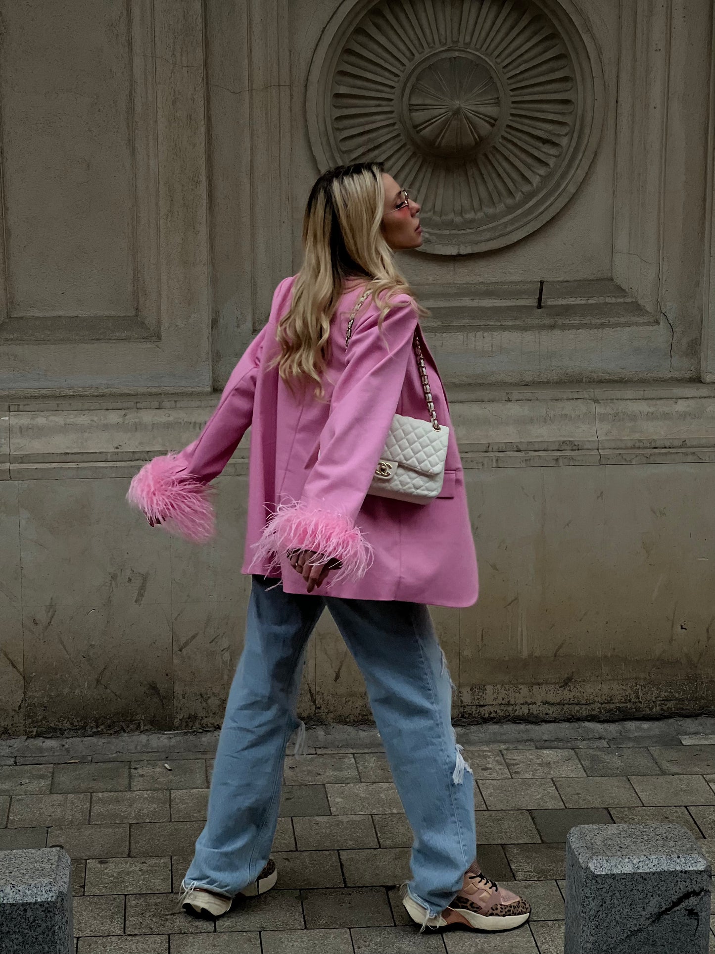 Pink Blazer With Feathers Whitedi
