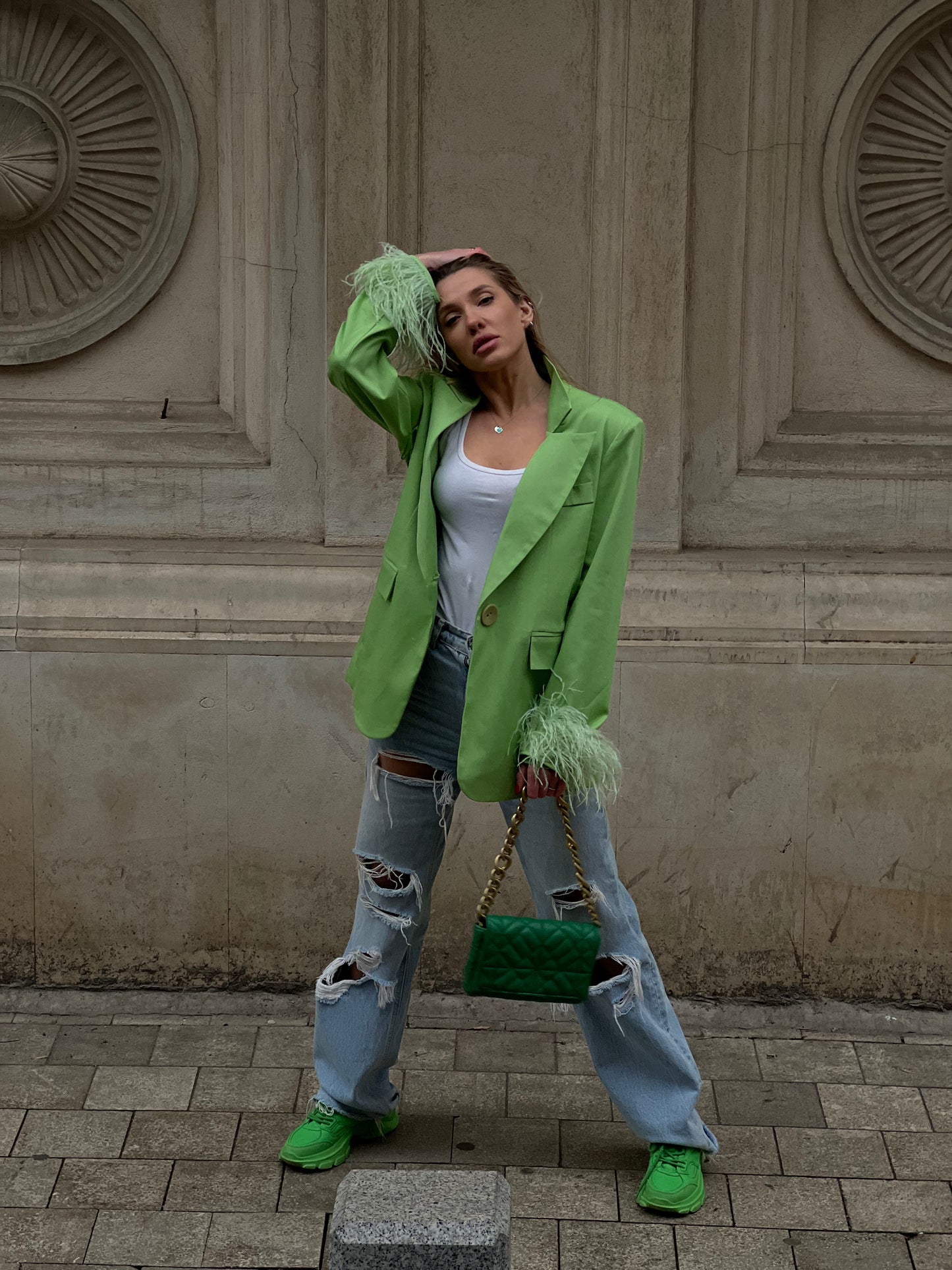 Green Blazer With Feathers