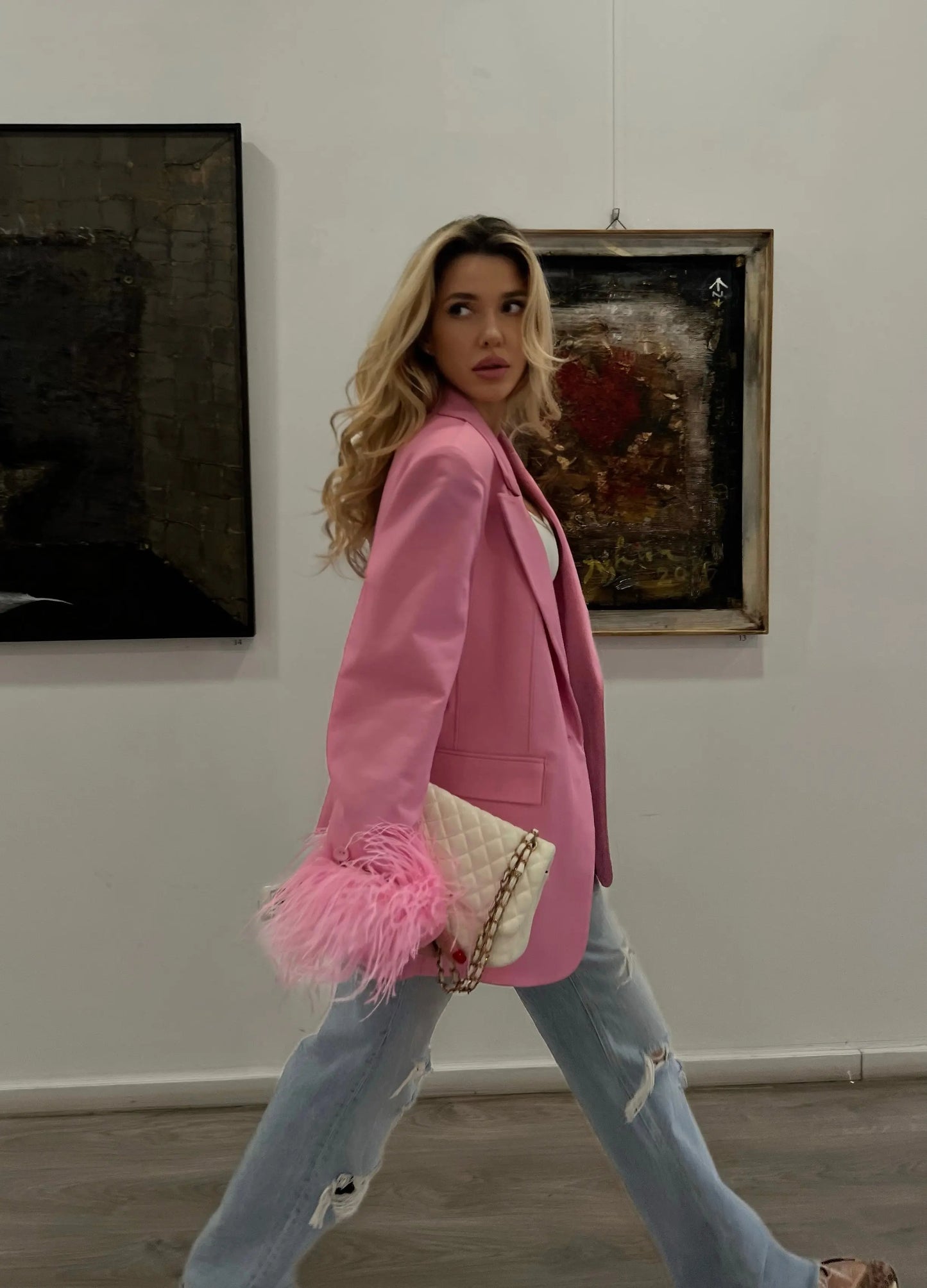 Pink Blazer With Feathers Whitedi