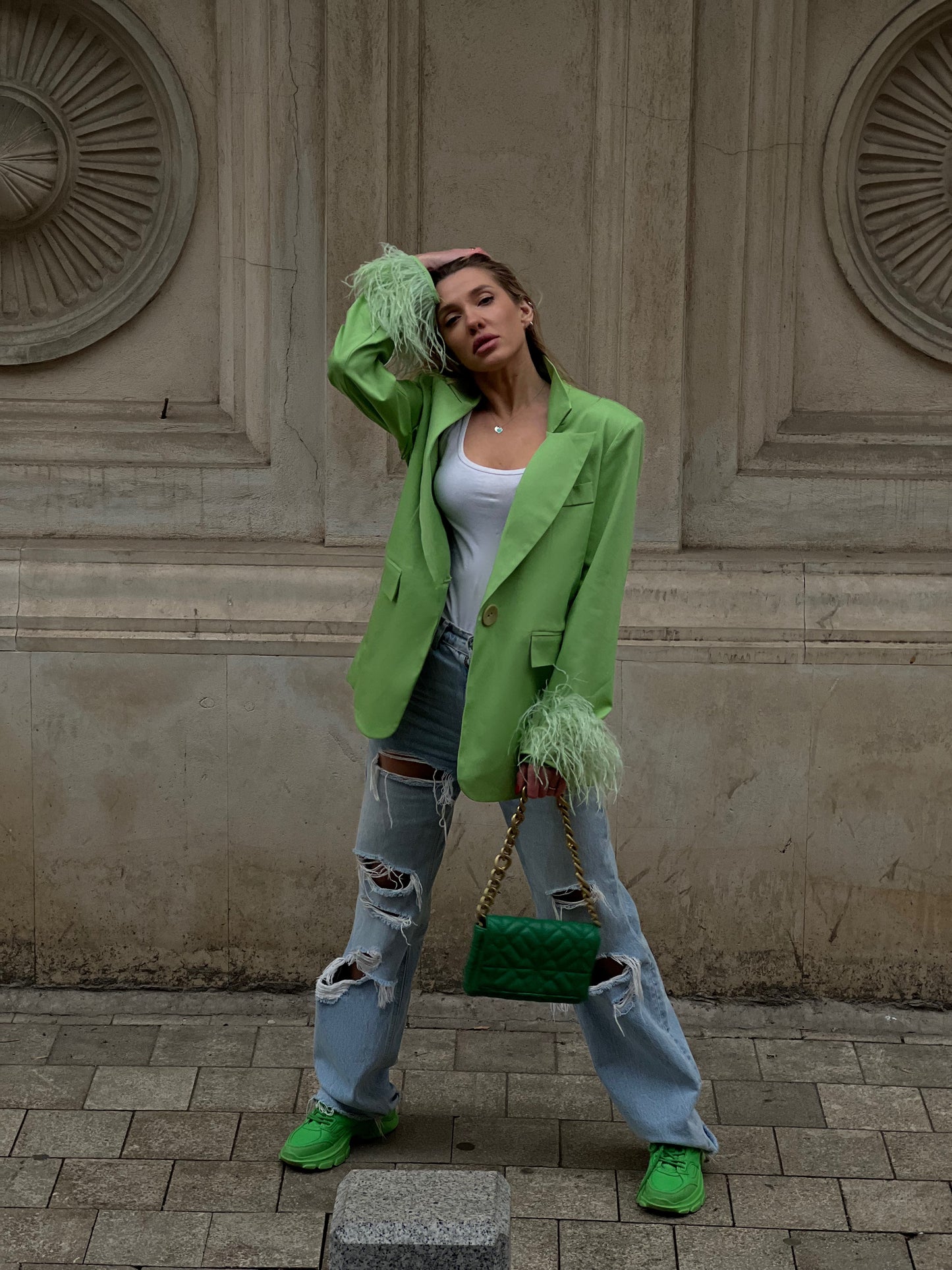 Green Blazer With Feathers