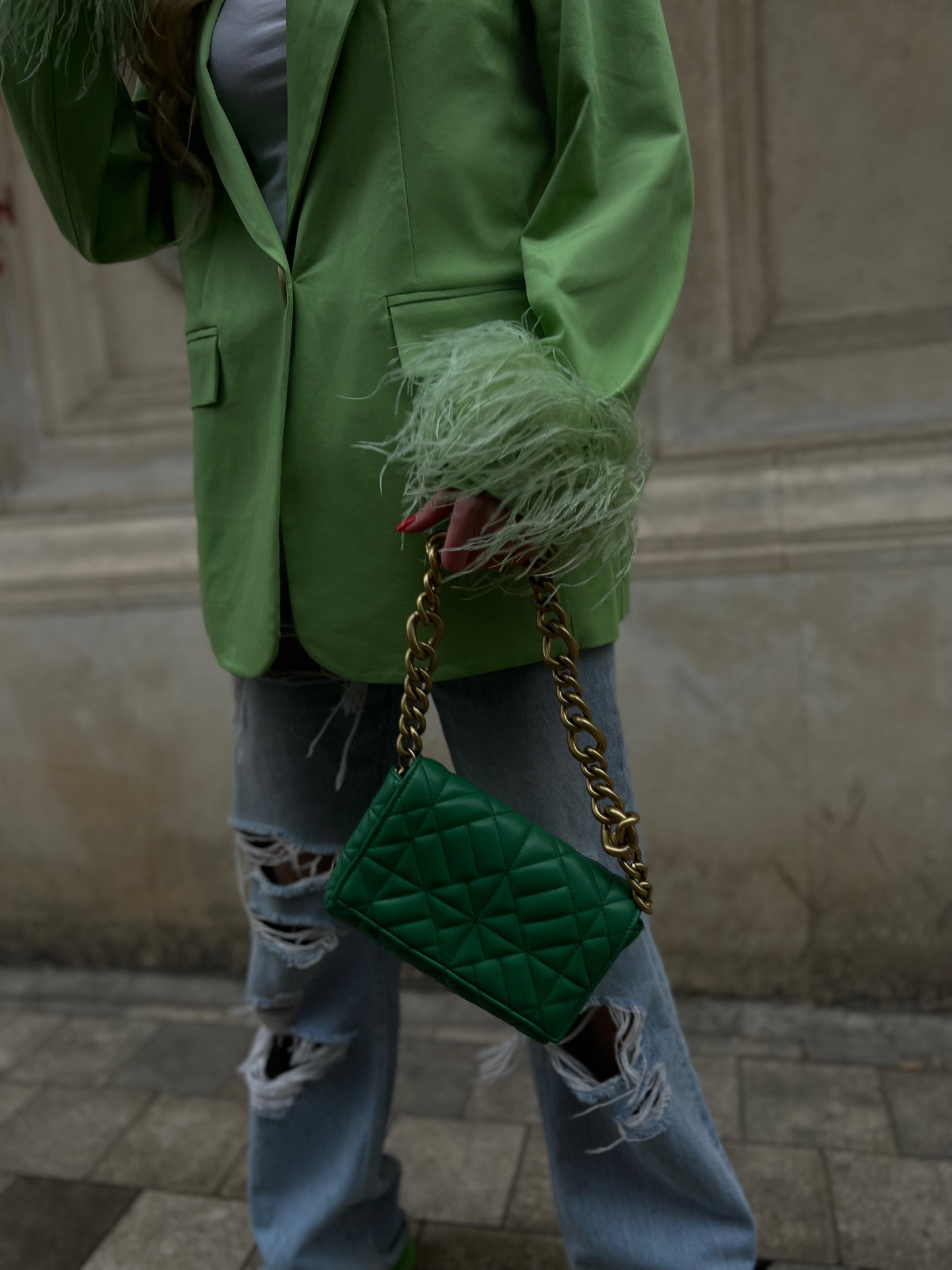 Green Blazer With Feathers