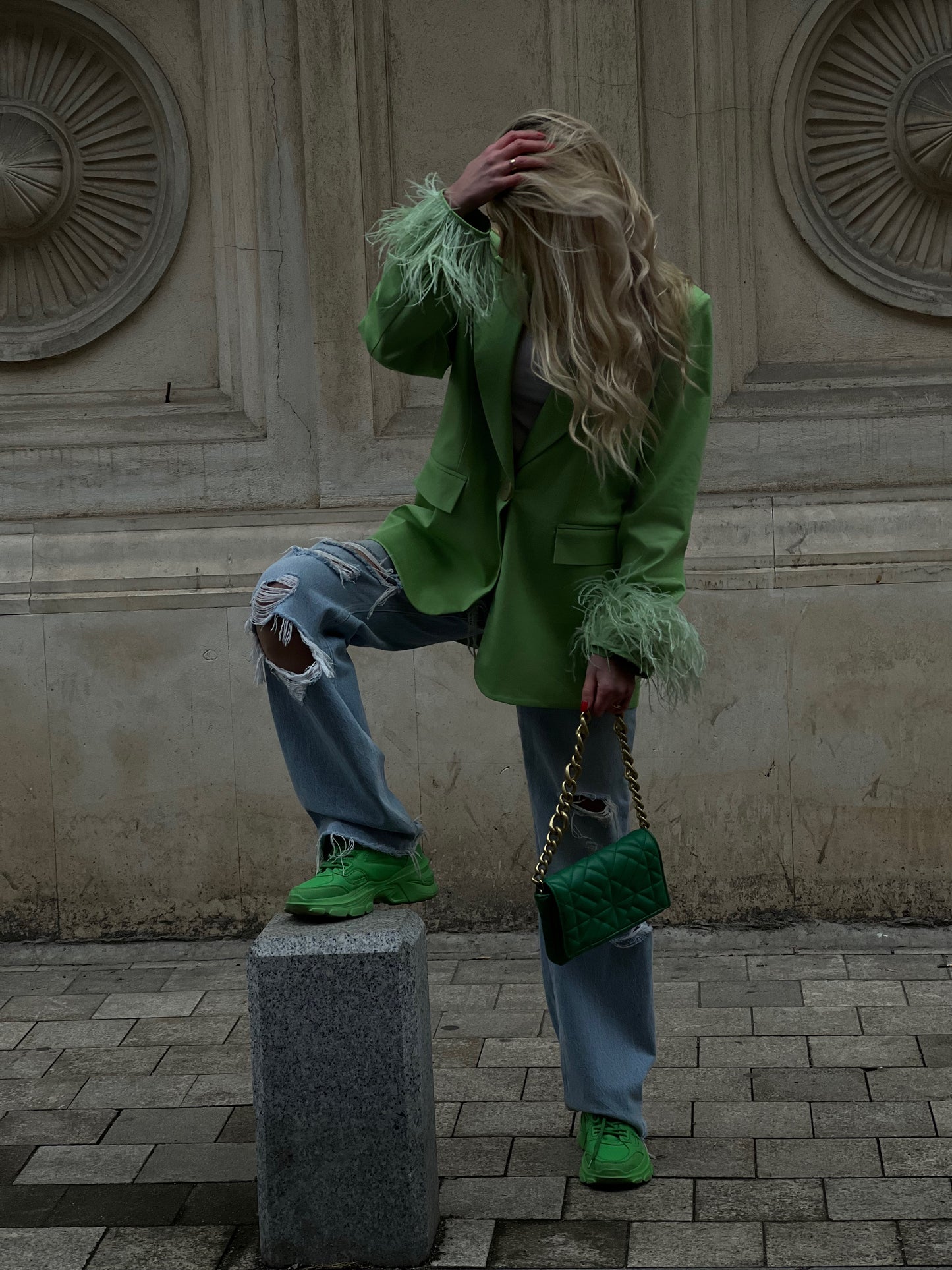 Green Blazer With Feathers