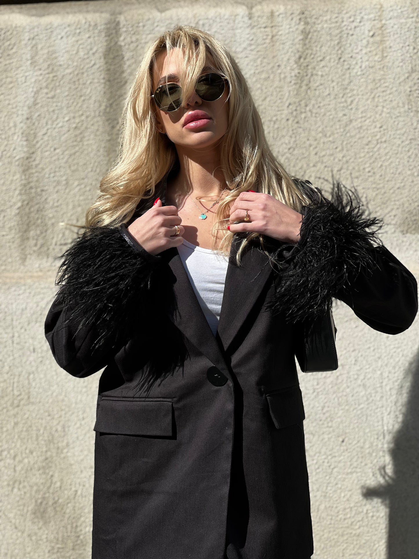 Black Blazer With Feathers