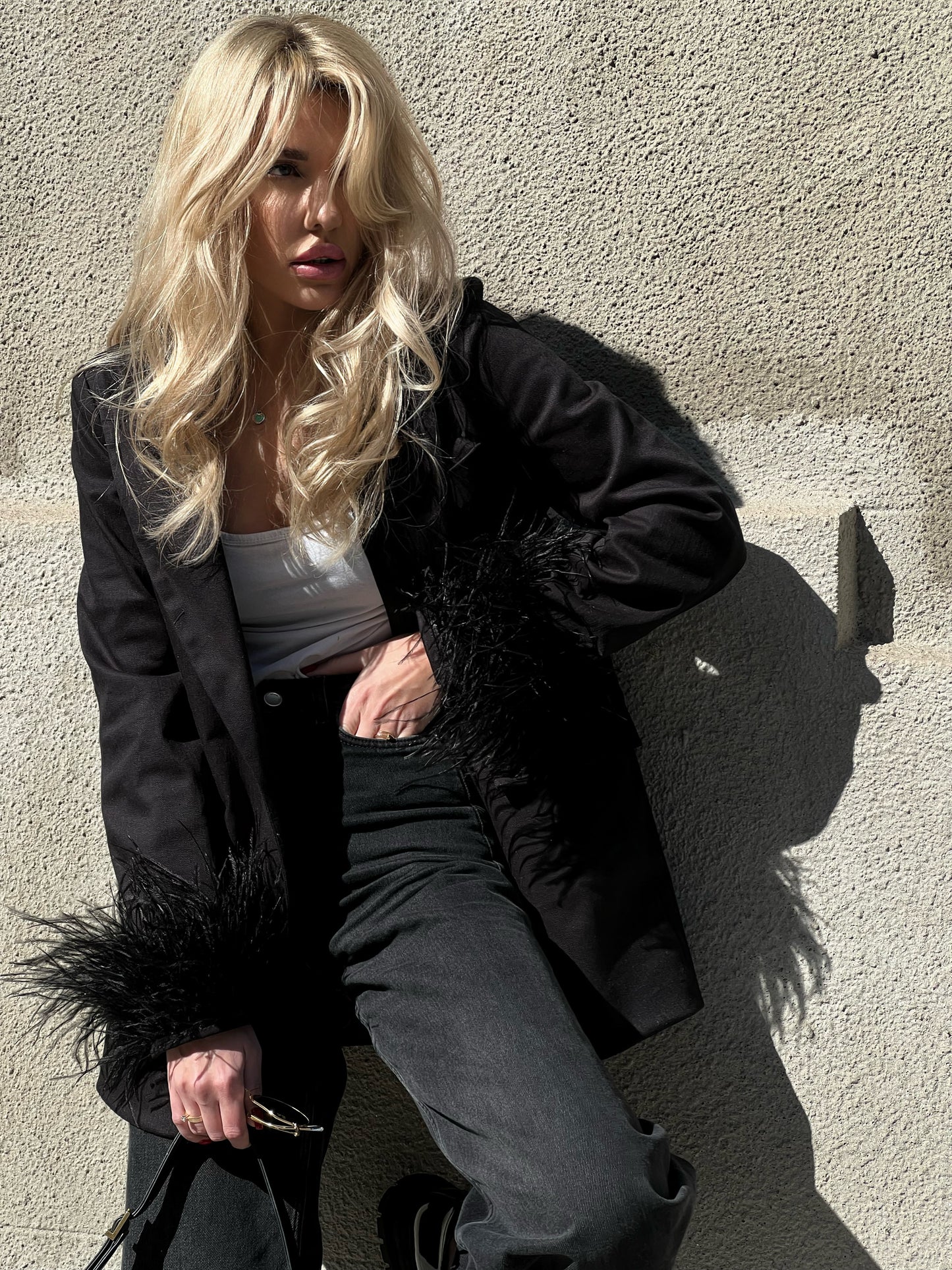 Black Blazer With Feathers