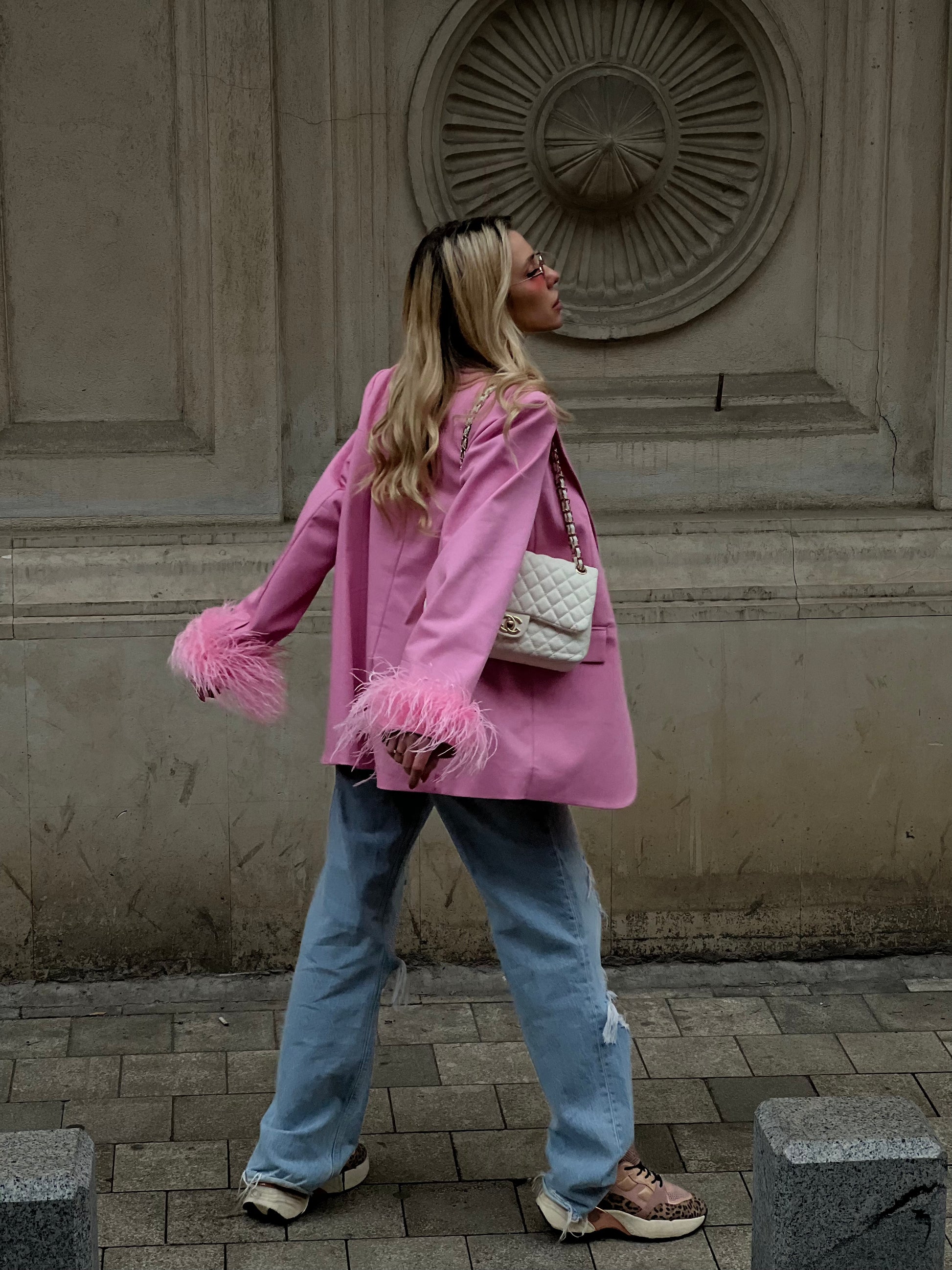 Pink Blazer With Feathers Whitedi